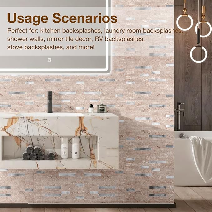 Peel and Stick Backsplash Tile Waterproof Removable PVC Wall Sticker 3D Faux Stone Marble Brick White Accent Panels (Pink Marble - Metal Silver, 40 Tiles - 18 sq. ft. (1.68 m²)