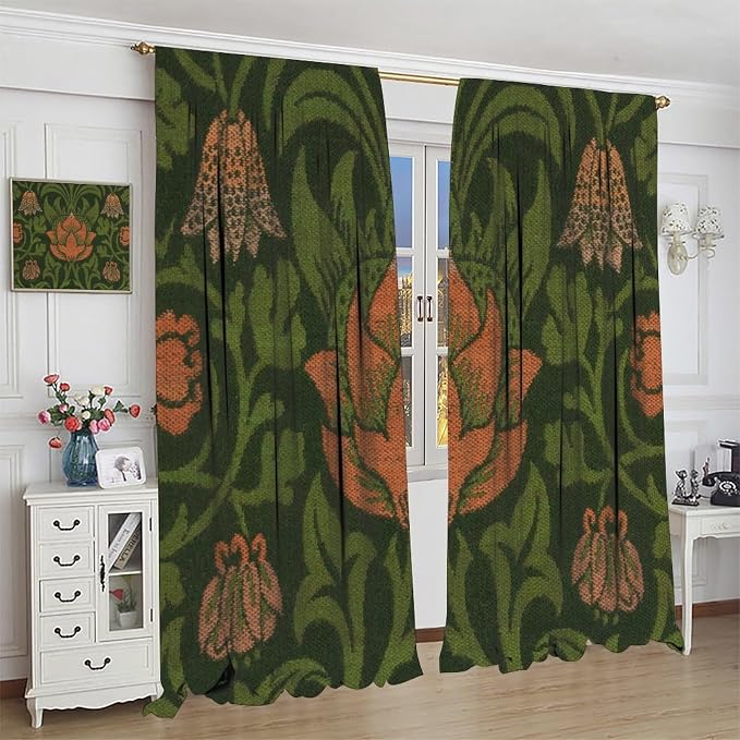 Vintage Bohemia William Morri Plant Flowers Blackout Window Curtains, Abstract Art Retro Plants Pattern Print Window Drapes, for Bedroom Living Room 31.5(W)*63(L) 2 Panels