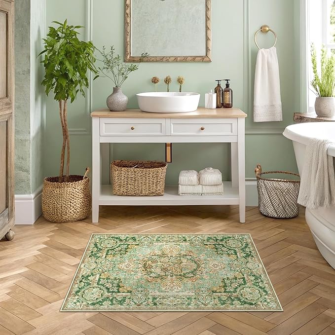 Boho Vintage Floral Area Rug 2x3, Low Pile Non Slip Washable Rug for Entryway Bathroom Bedroom, Small Decorative Carpet, Sage Green