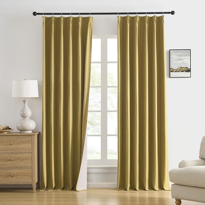 DUALIFE Mustard Yellow Pinch Pleated Blackout Curtains 90 Inches Long, Back Tab with Hooks, Linen Full Black Out Thermal Insulated Track Curtain for Bedroom Living Room,40 W x 90 L, 2 Panels