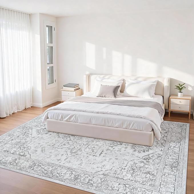 6x9 Area Rugs for Bedroom:Gray Washable Vintage Medallion Rug Non-Slip Soft Low Pile Large Rugs Indoor Retro Carpet for Living Room Kitchen Nursery Dining Table Office (Gray, 6'x9')