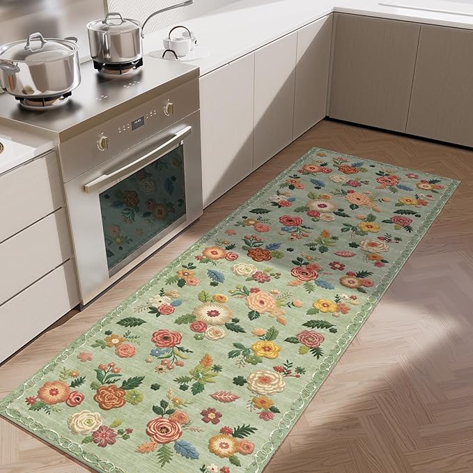 Machine Washable Rug Runners for Hallway: 2'6"x8' Kitchen Runner Rug with Rubber Backing Non Slip Low Pile Soft Faux Wool Non Shedding Lightweight Floral Floor Carpet Rugs for Entryway Bedroom Laundry