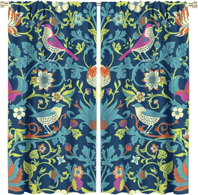 Boho William Morris Art Blackout Window Curtains, Magical Forest Vintage Flowers and Birds Rod Pocket Curtains, for Living Room Bedroom 31.5(W)*72(L) 2 Panels