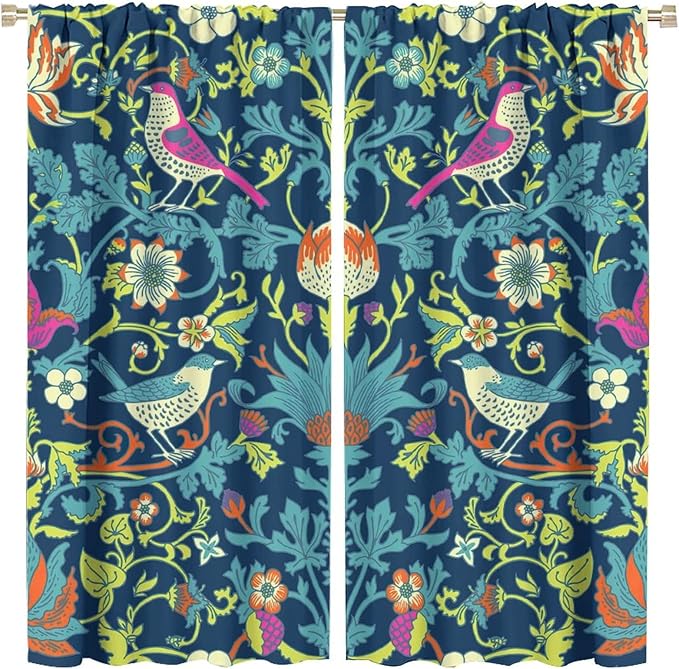 Boho William Morris Art Blackout Window Curtains, Magical Forest Vintage Flowers and Birds Rod Pocket Curtains, for Living Room Bedroom 36(W)*63(L) 2 Panels