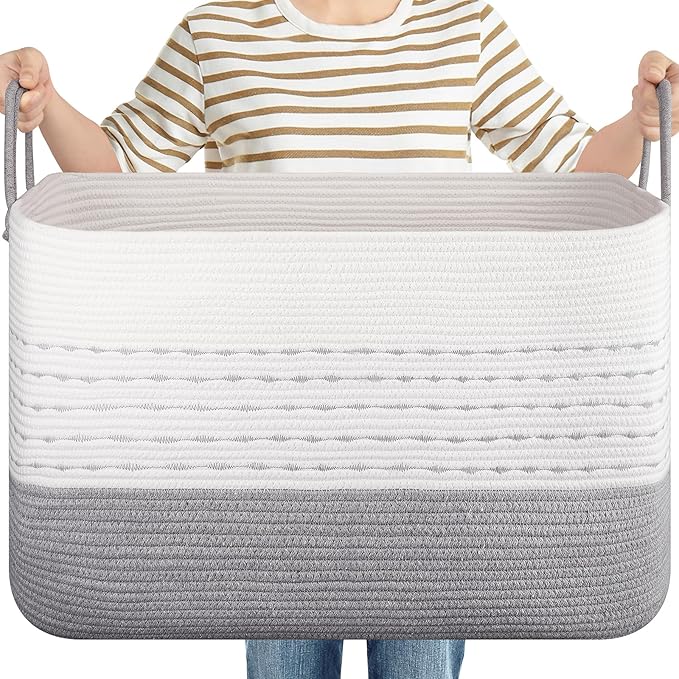 OIASKET XXL Large Blanket Basket for Living Room, 108L Woven Storage Baskets for Organizing, Rectangle Cotton Rope Basket Toy Chest With Handles-Grey & White