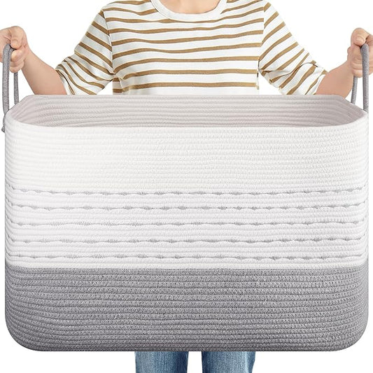 OIASKET XXL Large Blanket Basket for Living Room, 108L Woven Storage Baskets for Organizing, Rectangle Cotton Rope Basket Toy Chest With Handles-Grey & White