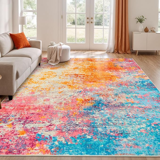 Rugflix 8x10 Area Rugs for Living Room, Washable Colorful Rainbow Rug Stain-Resistant Low Pile, Modern Abstract Large Carpet Non-Slip for Kids Girls Room Nursery Bedroom Home Office