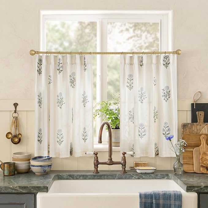Lino Rosa Short Floral Cafe Curtains 36 Inch Length for Bathroom Window, Vintage Farmhouse Linen Sheer Pinch Pleat Blue and Green Tier Curtains for Kitchen
