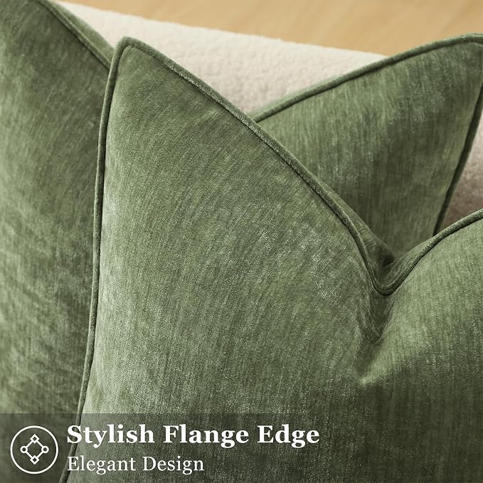 decorUhome Fall Couch Throw Pillow Covers 20x20 Set of 2, Decorative Soft Velvet Modern Cozy Chenille Pillow Cases with Elegant Design for Sofa Bed Living Room Home Decor, Olive Green