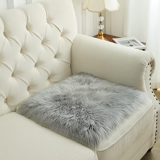 Softlife Grey Faux Fur Sheepskin Chair Cover Seat Cushion Pad Super Soft Area Rugs for Living Bedroom Sofa Dorm (1.6ft x 1.6ft)