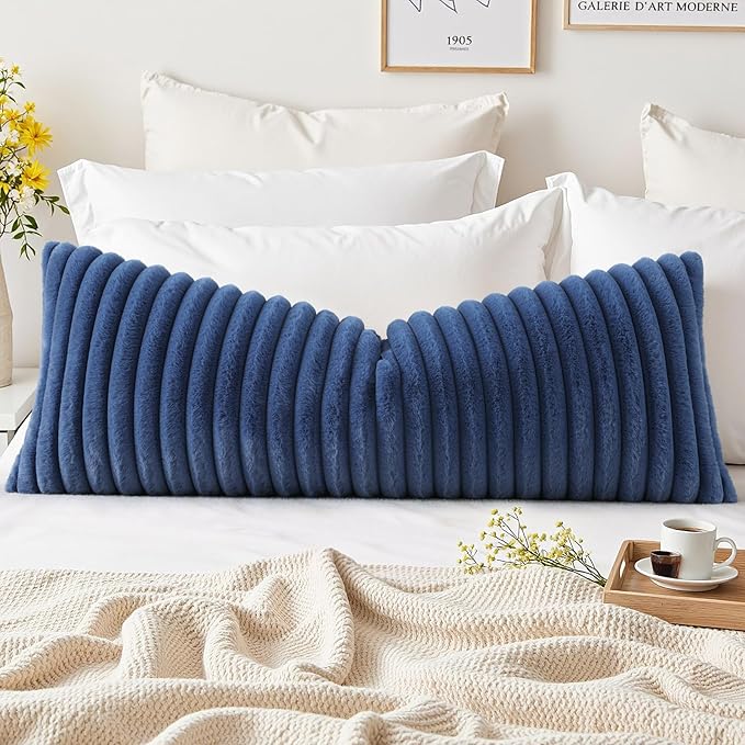 decorUhome Fall Cozy Faux Fur Throw Pillow Covers 14x36 Pack of 1 Decorative Soft Plush Striped Lumbar Coastal Modern Farmhouse Boho Couch Pillow Cases with Velvet Back for Sofa Bed, Navy Blue