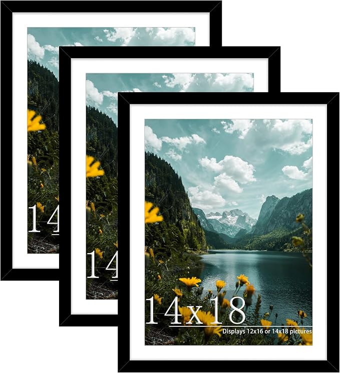 Picrit 14x18 Picture Frame 3 Pack, Black Poster Frame, Display Poster 12 x 16 with Mat or 14 x 18 without Mat for Horizontal or Vertical Wall Mounting