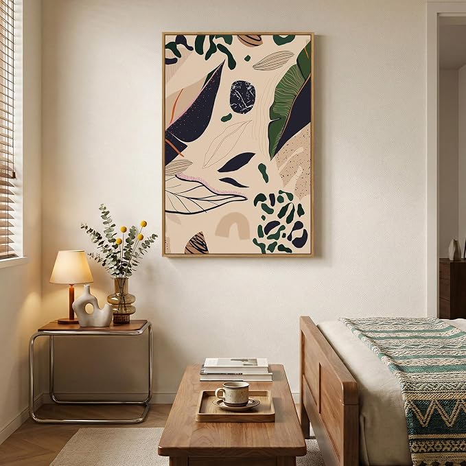 Framed Boho Abstract Botanical Wall Art for Living Room, Neutral Earthy Tropical Leaf Canvas Painting Prints Artwork for Walls, Mid Century Modern Vertical Wall Decor for Bedroom Home Office, 24x36 In