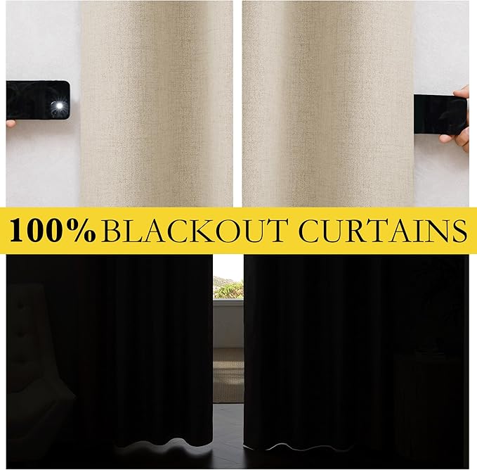 NICETOWN Farmhouse Style 100% Blackout Cream Linen Curtains 90 inches Length, 2 Panels, 52" W, Room Cooling Window Draperies with Thermal Insulated Liners for Dining Room