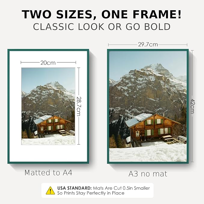 FLYJOE A3 Picture Frame 11.7x16.5 for A4 Photo, Aluminum Frame, Dark Green | Metal Frame for Wall, Desk & Gift | Beveled Glass & Hardware, Minimalist