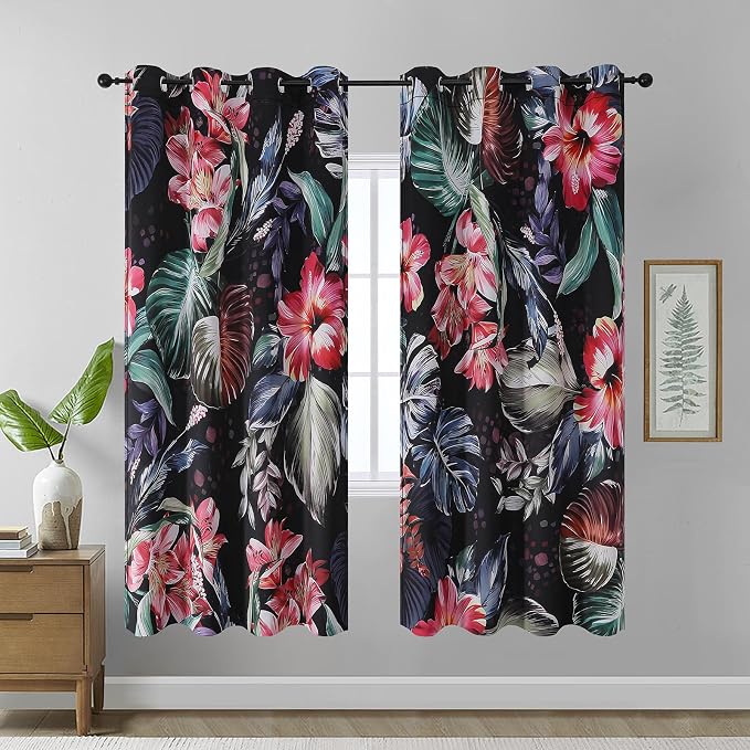 Estelar Textiler Floral Botanical Print Flower Blackout Curtains for Bedroom Watercolor Art Botanical Plant Grommet Curtains,Thermal Insulated Room Darkening Drapes for Living Room(52"x72"),2 Panels