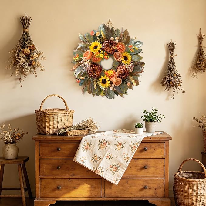 WANNA-CUL 24 Inch Sunflower Fall Front Door Wreath Farmhouse Harvest Decor | Autumn Wreath with Roses Dahlias Pinecones Berries Indoor Outdoor Boho Wall Mantel Table Centerpiece Thanksgiving Decorations