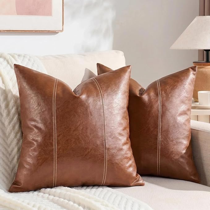 Fancy Homi Brown Boho Long Square Faux Leather Decorative Throw Pillow Covers 26x26 Inch for Living Room Couch Bed Sofa, Hand Stitched Cushion Case, Rustic Modern Farmhouse Home Decor