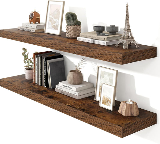 Heimlove 48" Floating Shelves for Wall,10 Deep Rustic Brown Wood Display & Storage Wall Shelves with Heavy Duty Brackets for Bathroom,Bedroom,Kitchen,Living Room,Office,Set of 2