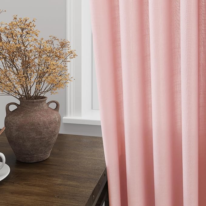 Nanspring Pink Linen Curtains 102 Inches Long Rod Pocket Back Tab Drapes 2 Panels Set for Kids Light Filtering Semi Sheer Pink Curtain 102 Length for Patio Door Bedroom 52x102