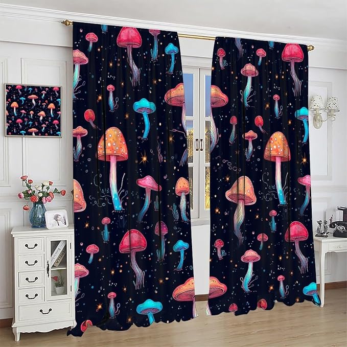 Fantasy Mushroom Curtains,Colorful Plant Print Window Treatments for Bedroom Living Room Kitchen Cartoon Herbs Floral Polyester Fabric Window Drapes 2 Panels Set,Total Size 63 x 72 Inch