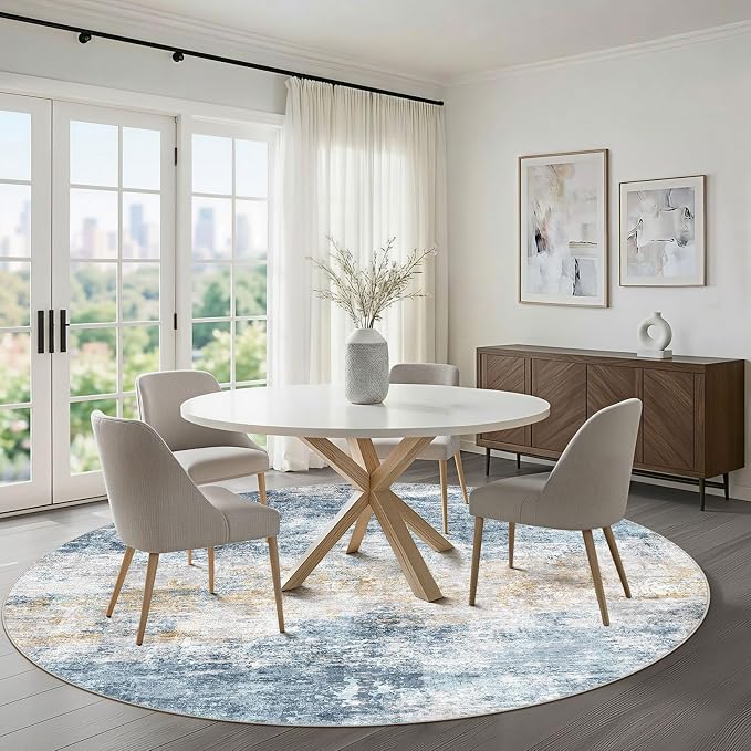7ft Round Rug Living Room: 7x7 Washable Large Neutral Circle Area Rug Abstract Soft Modern Stain Resistant Indoor Floor Non-Slip Carpet for Bedroom Nursery Kids Office Playroom Dining Room- Blue Gold