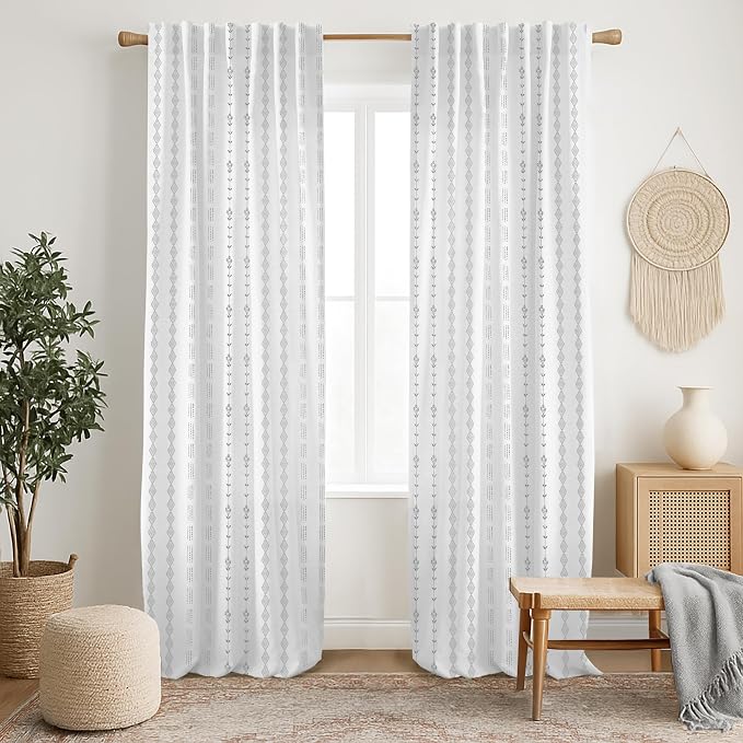 Light Gray Farmhouse Curtains for Bedroom Living Room,Grey and White Sheer Linen Stripe Curtains 96 Inch Long 2 Panel Set