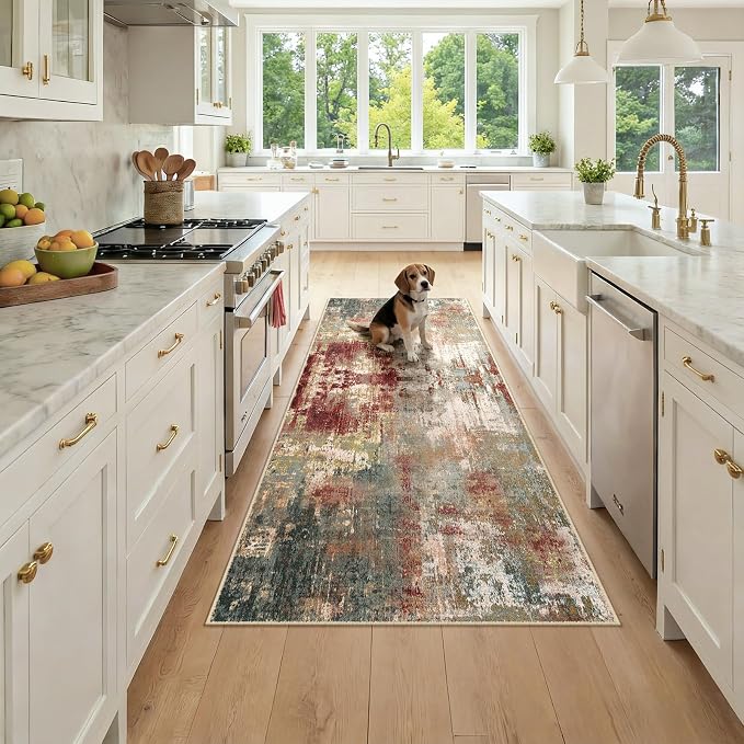 RELEANY Washable Area Rugs 3x7 Non-Slip Modern Abstract Soft for Living Room Entryway Bedroom Kitchen, Print Pattern, Brown Rust Red Green Blue Multi