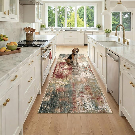 RELEANY Washable Area Rugs 3x7 Non-Slip Modern Abstract Soft for Living Room Entryway Bedroom Kitchen, Print Pattern, Brown Rust Red Green Blue Multi