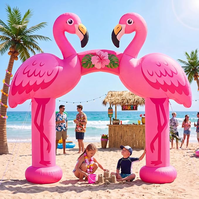 Seenelling 10 FT Inflatable Pink Flamingos Archway Decor Giant Summer Flamingos Arch Built-in LED Lights for Built-in LED Lights for Summer Beach Luau Tiki Theme Pool Party Yard Lawn Decorations