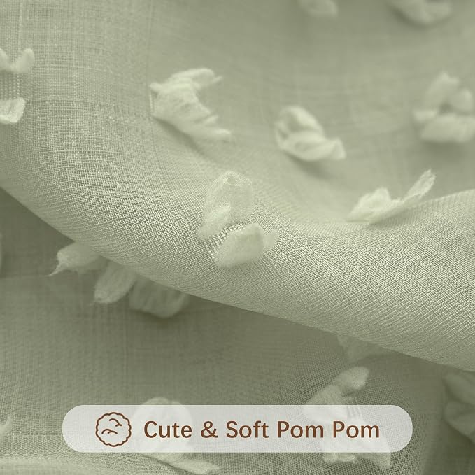 Sage Green Sheer Curtains 96 Inch Long 2 Panels Boho Pom Pom Design Bedroom Curtain Back Tab Soft Modern Farmhouse Lightweight Semi Sheer Greyish Light Green Window Drapes for Sliding Glass Door 52x96