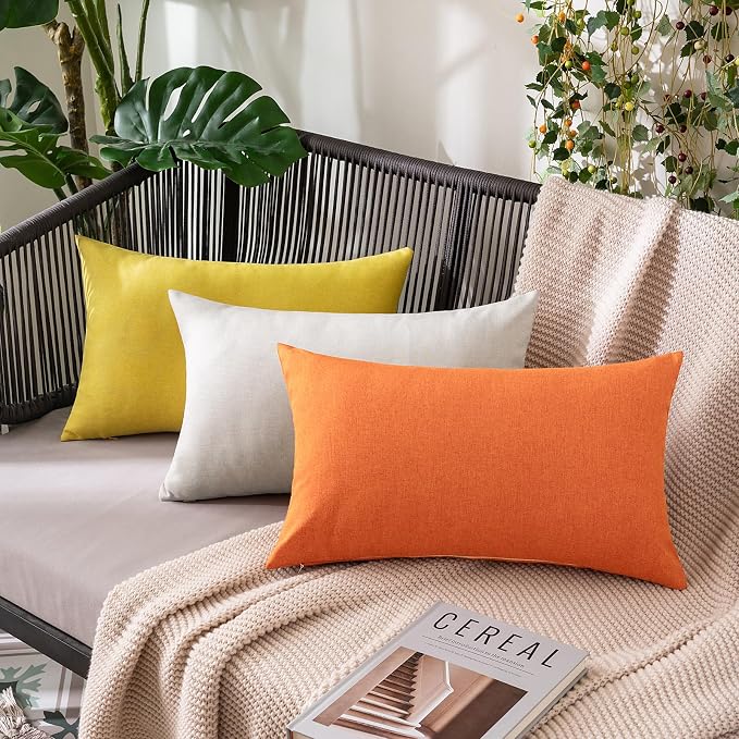 MIULEE Pack of 2 Decorative Outdoor Solid Waterproof Throw Pillow Covers Faux Linen Garden Farmhouse Cushion Cases for Summer Patio Tent Balcony Couch Sofa 20x12 Inch Orange
