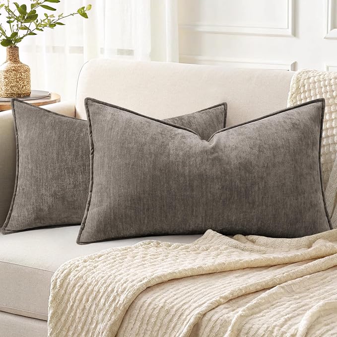 decorUhome Fall Couch Throw Pillow Covers 12x20 Set of 2, Decorative Soft Velvet Modern Cozy Chenille Lumbar Pillow Cases with Elegant Design for Sofa Bed Living Room Home Decor, Dark Grey
