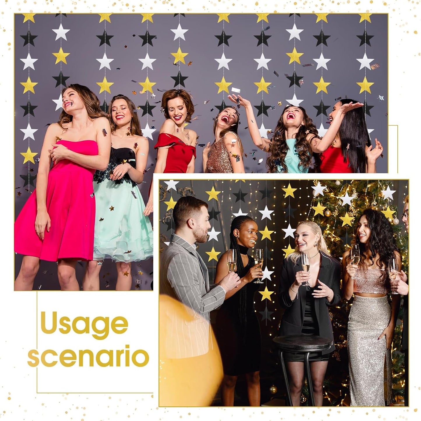 Patelai Glitter Star Garland Banner Decor 130 Feet Star Hanging Bunting Banner Twinkle Backdrop for Homecoming Classroom Wedding Birthday Halloween Christmas Party Supplies(Silver Gold Black)