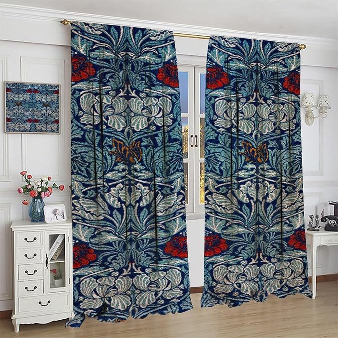 Bohemian William Morris Retro Plant Floral Blackout Window Curtains, Flower Vintage Country Farmhouse Art Window Drapes, for Bedroom Living Room 42(W)*84(L) 2 Panels