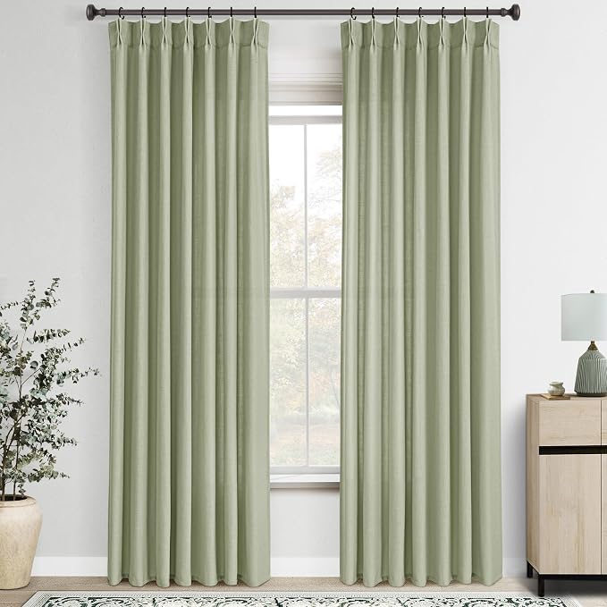 Pinch Pleated Sage Green Curtains 96 inch Long for Living Room 2 Panel Set Light Fitering Semi Sheer Light Green Linen Curtain with Pleat Hooks Rustic Farmhouse Sage Drapes 8 ft Length 40"x96"