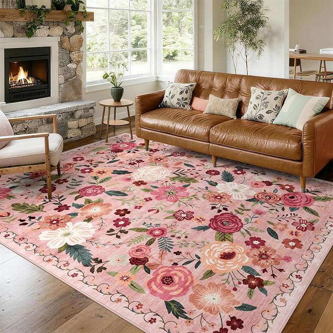 6x9 Washable Area Rug for Living Room, Floral Non-Slip Non-Shedding & Easy Care, Soft Low Pile Vintage Indoor Floor Carpet for Living Room, Bedroom, Farmhouse, Dining Room, Kids Playroom, Pink
