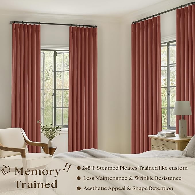 Terracotta Pinch Pleated 100% Blackout Linen Bedroom Curtains 96 Inch Length Double Layer Pleat Curtains Ring Hooks Back Tab Black Out Room Darkening Drapes 96 Inches Long Fall Living Room Red Clay