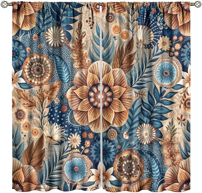 Bohemian-Style Floral Blackout Curtains, Suitable for Bedrooms and Living Rooms, Featuring A Vintage Botanical Pattern, Providing Insulation and Warmth, in Navy Blue and Brown42X54 Inch