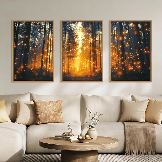 Magical Firefly Forest Framed Canvas Wall Art Set,Enchanted Night Nature Mystical Woodland Wall Decor,Whimsical Orange Twinkling Black Tree Art Print for Living Room, Bedroom, Office- 24"x36"x3