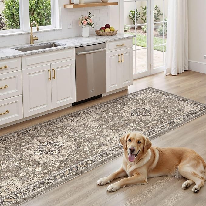 Vintage Hallway Runner Rug 3x10: Large Soft Washable Entryway for Kitchen Laundry Room Non-Slip Backing Runner for Entrance Living Room Bedroom Bathroom - Brown