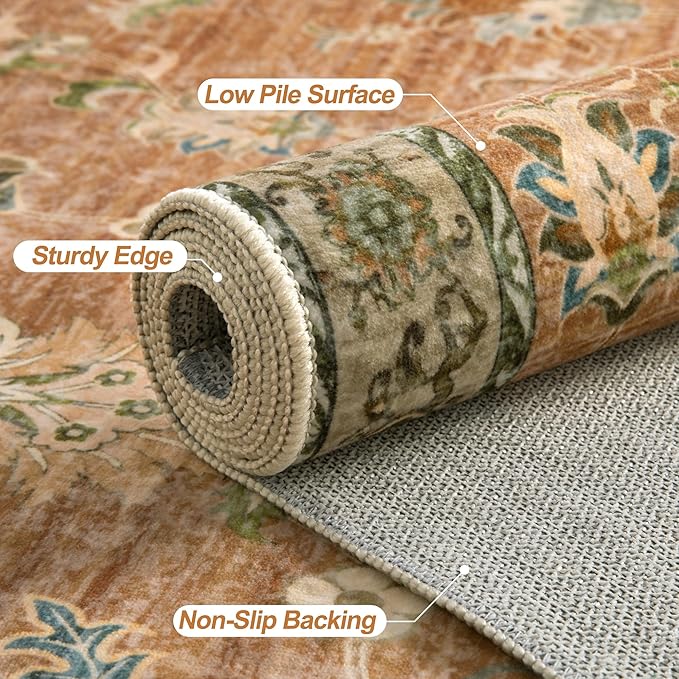 Tangsoo Floral Small Rug 2x3 Washable Rug for Entryways Vintage Non-Slip Area Rugs Terracotta Entry Rugs Distressed Floor Carpet Soft Low Pile Door Mat for Entrance Bedroom Kitchen Foyer Decor