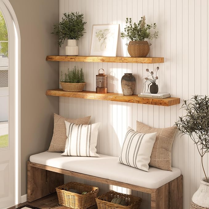 48" Rustic Elm Floating Shelves - Solid Wood Live Edge with Invisible Brackets, Wall Mounted Shelf for Living Room, Kitchen & Bathroom Decor, Natural