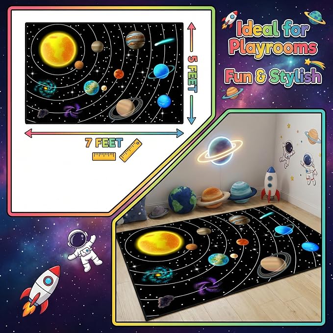 Space Rug for Boys Room – Solar System Space Theme Carpet for Kids Bedroom,Outer Space Rug for Boys Room Decor,Planet Area Rug 5'×7'