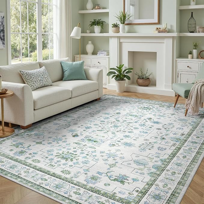 DCX Green 8x10 Rug, Kid & Pet Friendly with Rubber Back Non Slip, Machine Washable Stain Resistant Vintage Boho Floral Rug for Living Room, Bedroom, Soft Low Pile Large Nursery Carpet