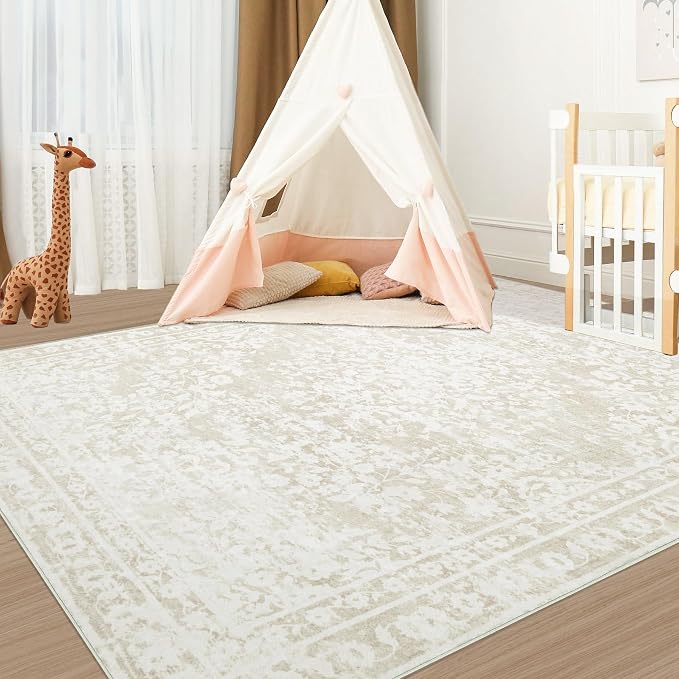 Aoyaomi Vintage Living Room Area Rug - 6x9 Large Machine Washable Boho Area Rug Distressed Floral Rugs for Bedroom, Soft Non-Slip Indoor Floor Accent Rugs for Office Dining Room (Cream Beige, 6'x9')