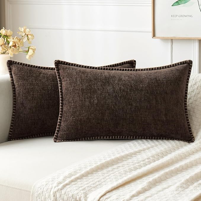 MIULEE Pack of 2 Lumbar Throw Pillow Covers 12x20 Inch Dark Brown Farmhouse Decorative Pillow Covers with Stitched Edge Soft Chenille Solid Dyed Pillow Covers for Couch Sofa Bed Living Room