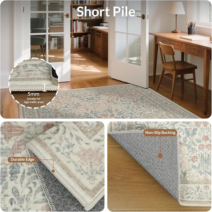GENIMO Area Rugs 9x12 Living Room, Non-Slip Vintage Boho Floral Carpet, Soft Low-Pile Thin Living Room Rug for Bedroom, Dining Room, Nursery, Beige Pink | Vintage Boho Floral Low Pile Thin Carpet for Bedroom, Dining Room, Nursery, Indoor Decor
