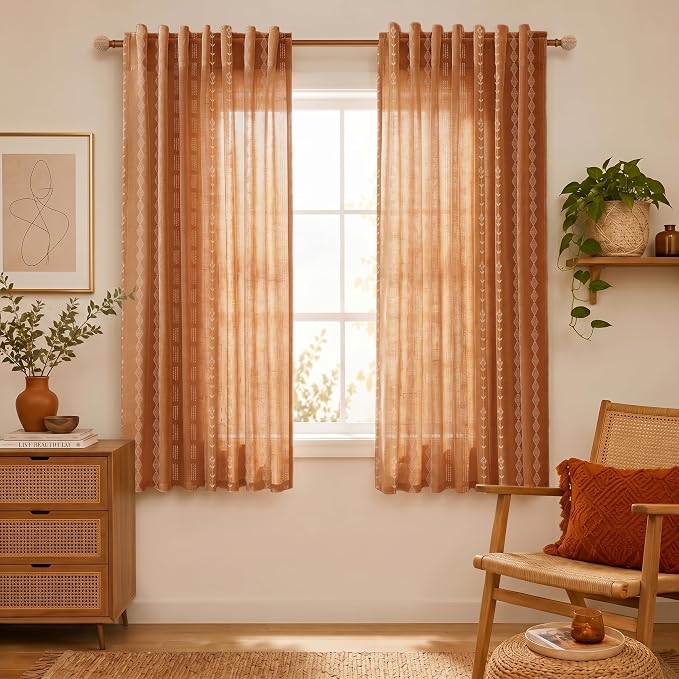 Lino Rosa 63 Inch Length Burnt Orange Boho Curtains for Living Room,Vintage Farmhouse Sheer Fall Kitchen Window Curtain Drapes 63 Inch Long 2 Panels Set