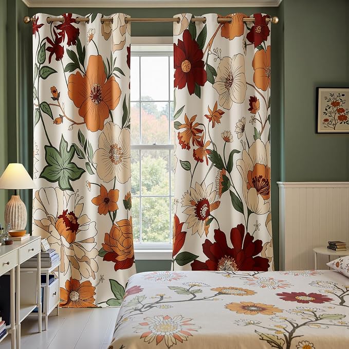 jinchan Lora Floral Curtains for Bedroom Blackout Curtains for Living Room Beige Boho Window Treatment Room Darkening Drapes Vintage Flower Pattern 102 Inches Length 2 Panels Set with Grommet